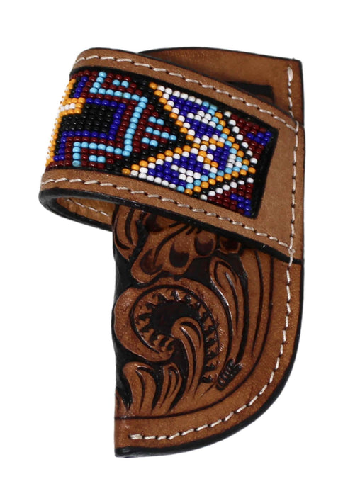 Western Floral Tooled Cross Beaded Inlay Leather Side Access Knife Sheath 29FK029C
