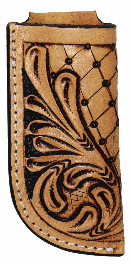 Western Fashion Handcrafted Cross Hatch Vine Tooled Full Grain Leather 4"  Sheath Holder Pouch with 2" Belt Loop 29FK04