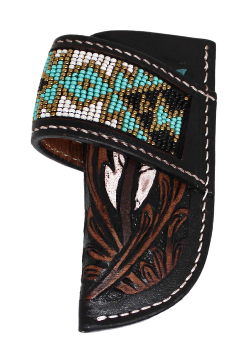 Western Feather Tooled Beaded Inlay Leather Side Access Knife Sheath 29FK060C