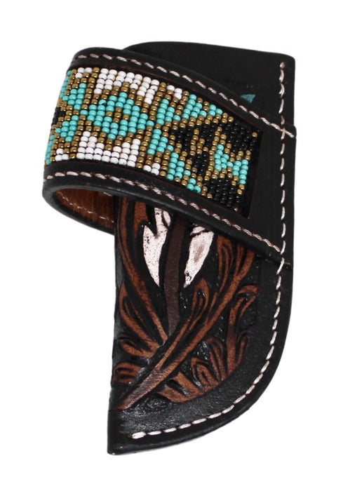 Western Feather Tooled Beaded Inlay Leather Side Access Knife Sheath 29FK060C