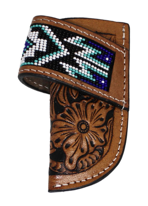 Western Floral Tooled Aztec Beaded Inlay Leather Side Access Knife Sheath 29FK061C