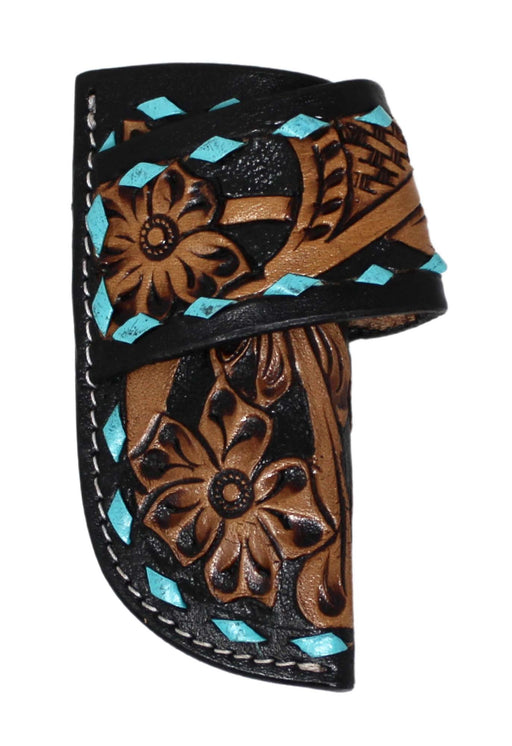 Western Leather Floral Tooled Turquoise Buckstitch Side Access Knife Holder Sheath 29FK25C