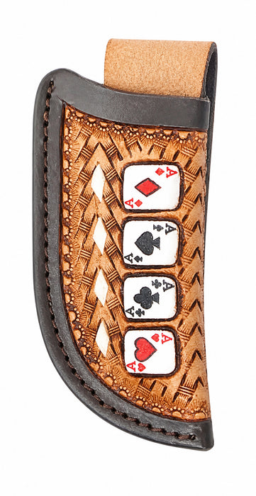 Western Leather Knife Sheath Ace’s Edge Basket Antique Arrow Basket Weave w Four Aces Design Vertical Carry 29RS138A