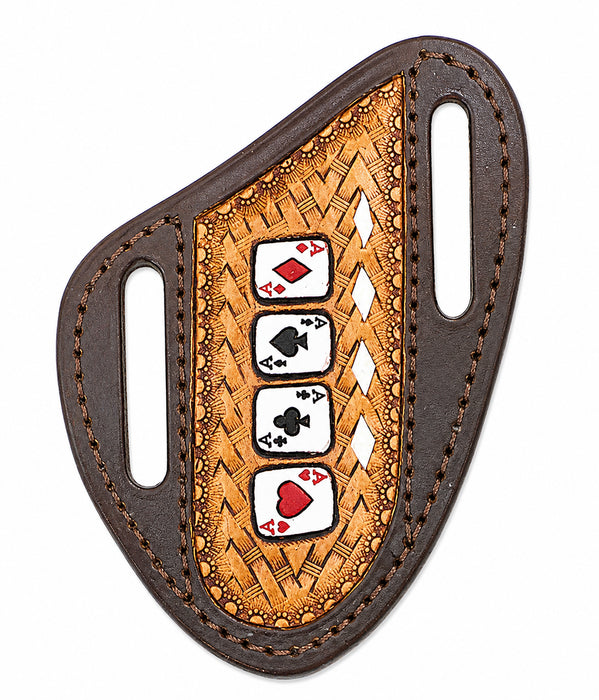 Western Pancake Style Leather Knife Sheath Ace’s Edge Basket Antique Arrow Basket Weave w Four Aces Design Vertical Carry 29RS138B