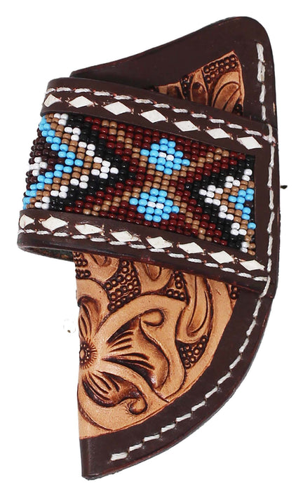 Western Floral Tooled Beaded Inlay Leather Belt Loop Knife Sheath 29RSBeaded