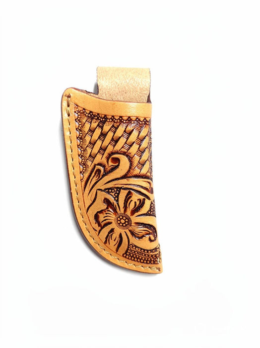 Western Pancake Style Leather Knife Sheath – Floral & Basket Weave Tooled Design, Vertical Belt Carry Prairie Ridge 29RS64A