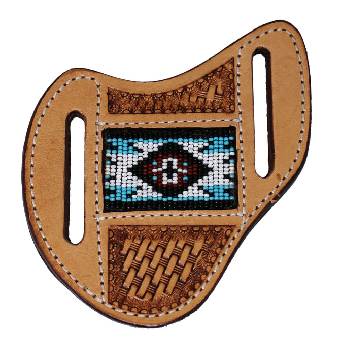 Western Leather Pancake Knife Sheath Tan Basket Weave Tooled w/ Beaded Aztec Inlay 29RS96B-L