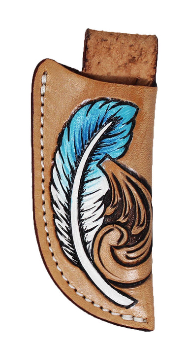 Western Leather Turquoise Feather Tooled Knife Holder Vertical Sheath 29RST04A