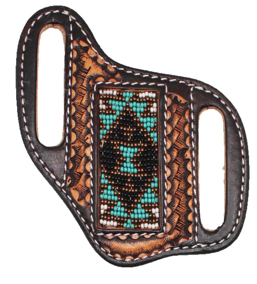Western Basket Weave Tooled Leather Beaded Knife Holder Flat Sheath 29RTBFlat