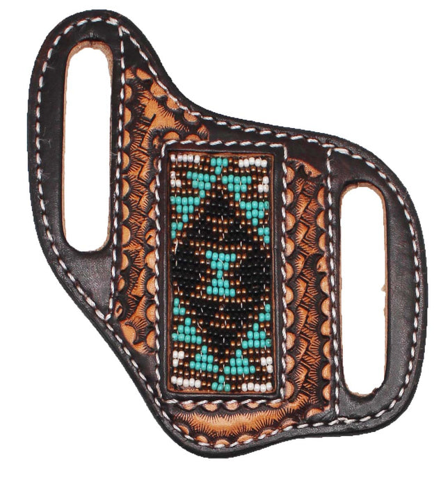 Western Basket Weave Tooled Leather Beaded Knife Holder Flat Sheath 29RTBFlat