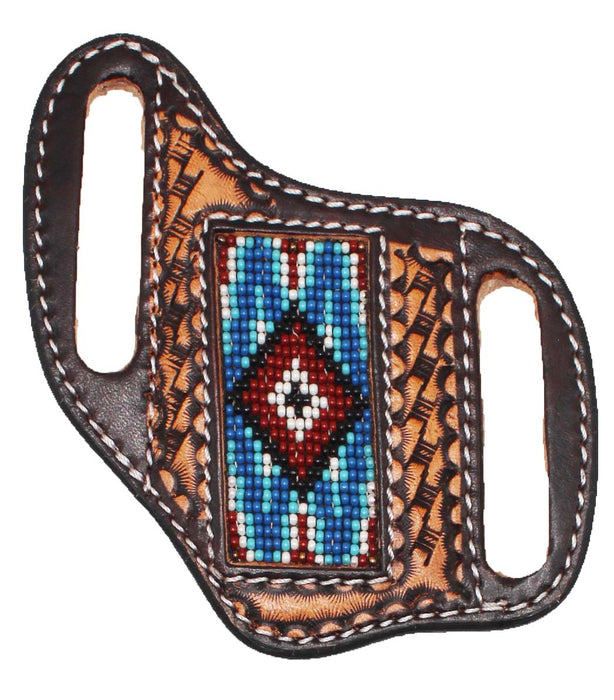 Western Basket Weave Tooled Leather Beaded Knife Holder Flat Sheath 29RTBFlat