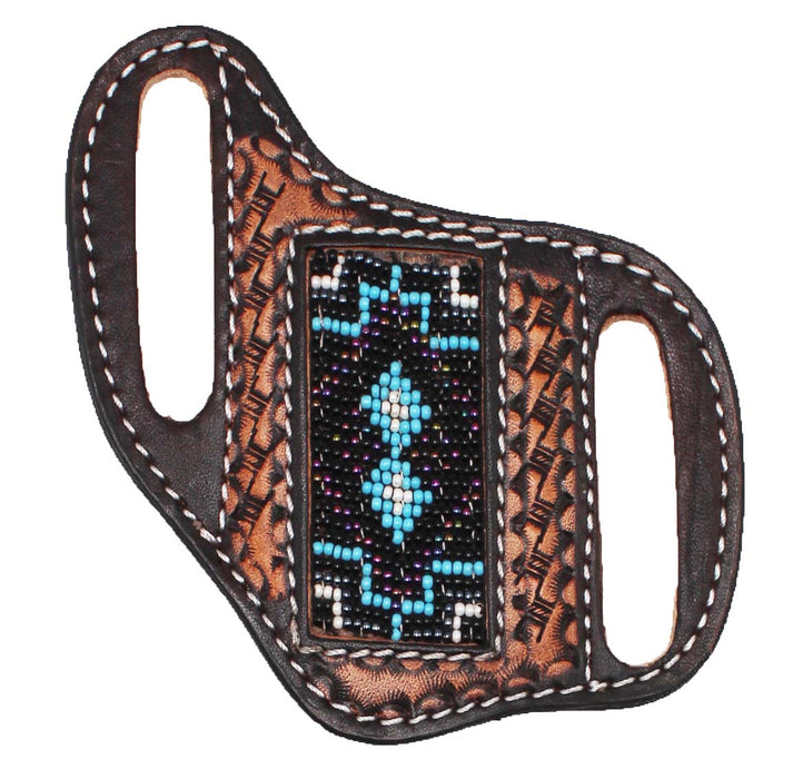 Western Basket Weave Tooled Leather Beaded Knife Holder Flat Sheath 29RTBFlat