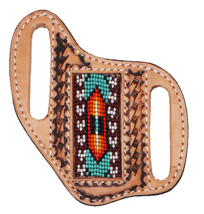 Western Basket Weave Tooled Leather Beaded Knife Holder Flat Sheath 29RTBFlat