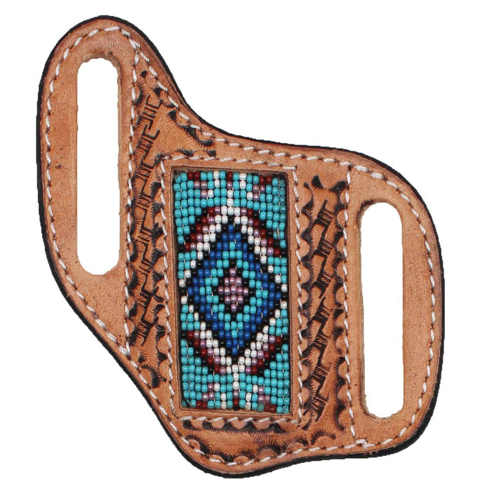 Western Basket Weave Tooled Leather Beaded Knife Holder Flat Sheath 29RTBFlat