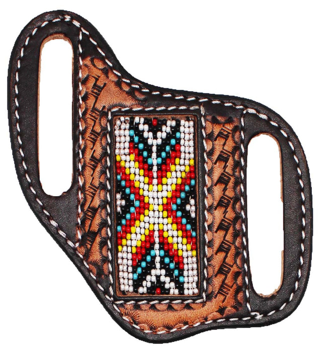 Western Basket Weave Tooled Leather Beaded Knife Holder Flat Sheath 29RTBFlat