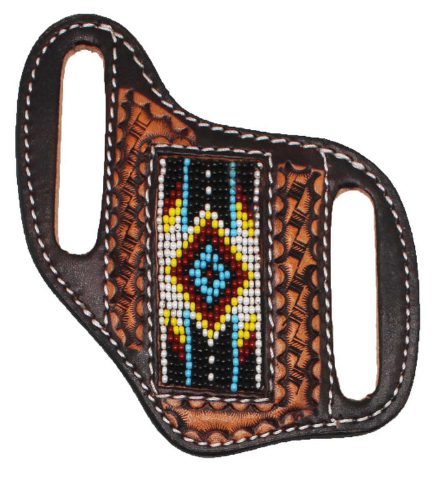 Western Basket Weave Tooled Leather Beaded Knife Holder Flat Sheath 29RTBFlat