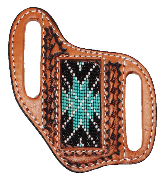 Western Basket Weave Tooled Leather Beaded Knife Holder Flat Sheath 29RTBFlat