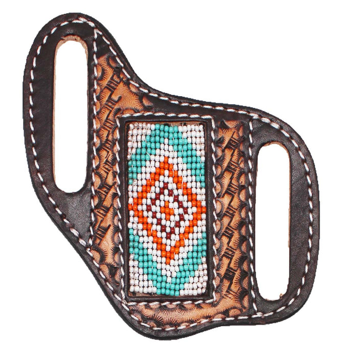 Western Basket Weave Tooled Leather Beaded Knife Holder Flat Sheath 29RTBFlat