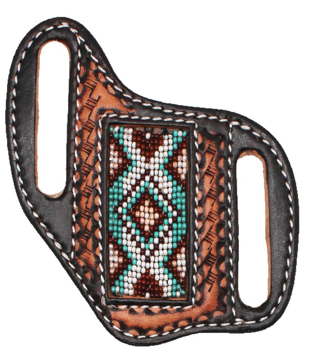 Western Basket Weave Tooled Leather Beaded Knife Holder Flat Sheath 29RTBFlat