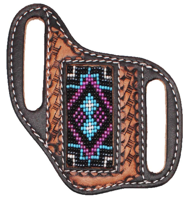 Western Basket Weave Tooled Leather Beaded Knife Holder Flat Sheath 29RTBFlat
