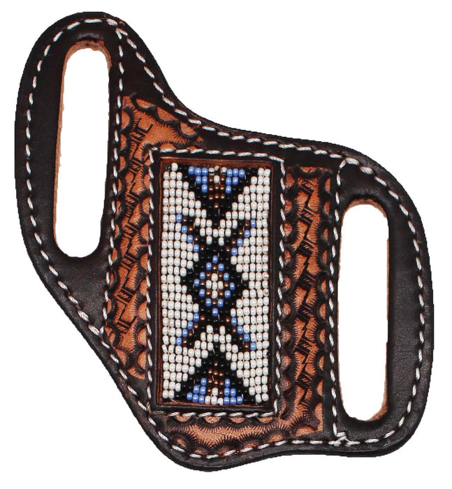 Western Basket Weave Tooled Leather Beaded Knife Holder Flat Sheath 29RTBFlat