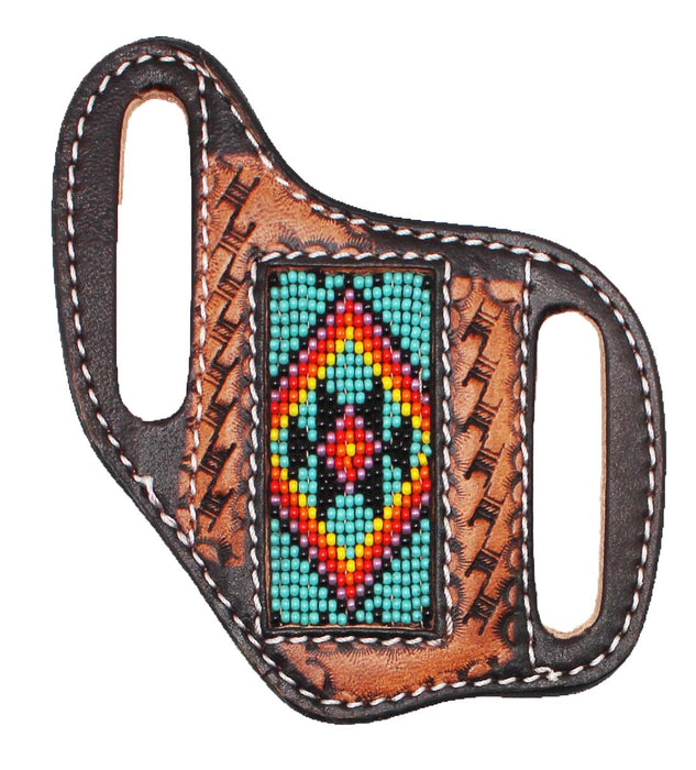 Western Basket Weave Tooled Leather Beaded Knife Holder Flat Sheath 29RTBFlat