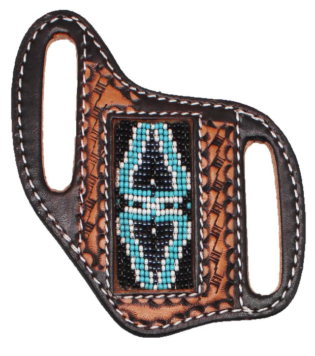 Western Basket Weave Tooled Leather Beaded Knife Holder Flat Sheath 29RTBFlat