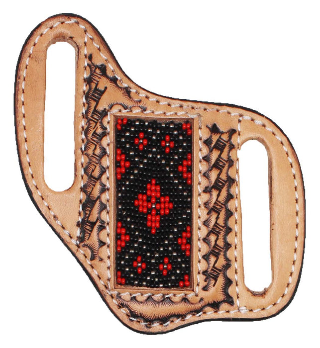 Western Basket Weave Tooled Leather Beaded Knife Holder Flat Sheath 29RTBFlat