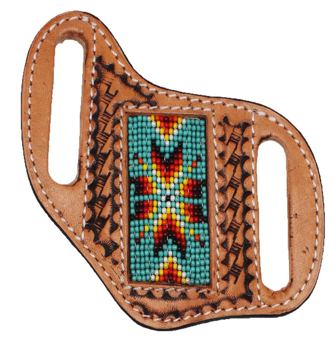 Western Basket Weave Tooled Leather Beaded Knife Holder Flat Sheath 29RTBFlat