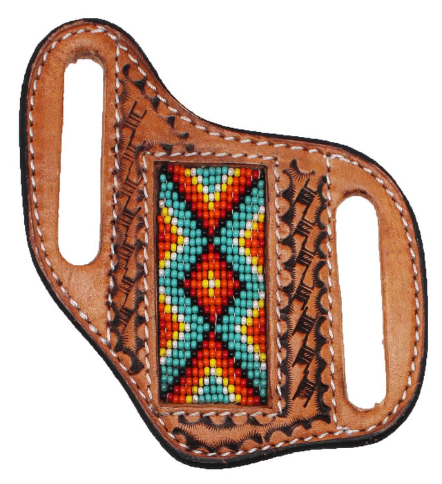 Western Basket Weave Tooled Leather Beaded Knife Holder Flat Sheath 29RTBFlat