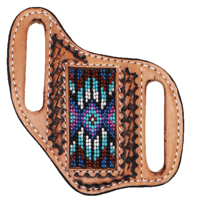 Western Basket Weave Tooled Leather Beaded Knife Holder Flat Sheath 29RTBFlat