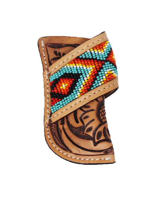 Western Floral Tooled Beaded Leather 4" Side Access Knife Sheath for Belt 29RTS