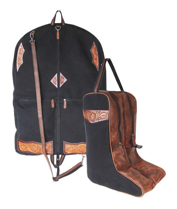 Western Black Canvas Distressed Leather Travel Carry Boot & Garment Bag Set Combo 3032SK01