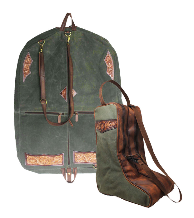 Western Black Canvas Distressed Leather Travel Carry Boot & Garment Bag Set Combo 3032SK01