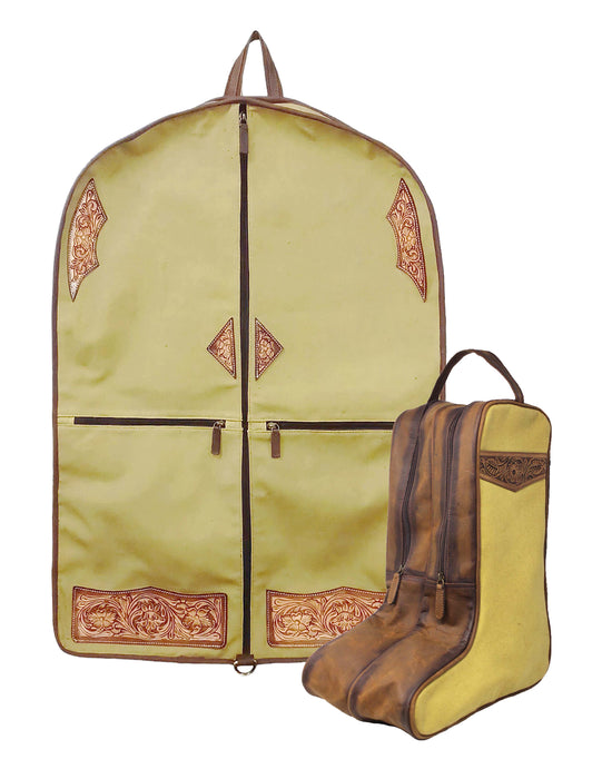 Western Black Canvas Distressed Leather Travel Carry Boot & Garment Bag Set Combo 3032SK01