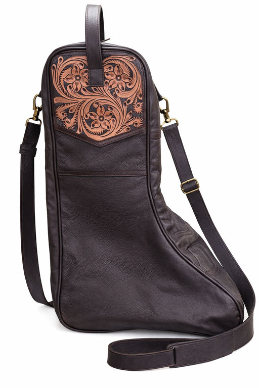 Challenger Western Leather Travel Boot Bag Tooled Floral Brown Ironwood Ridge 30RS02