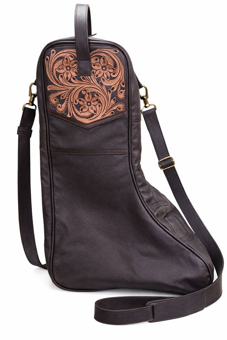 Challenger Western Leather Travel Boot Bag Tooled Floral Brown Ironwood Ridge 30RS02