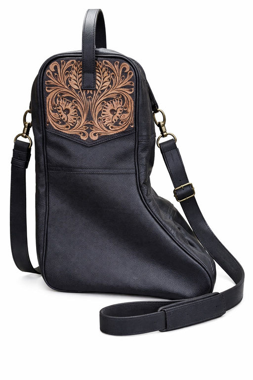Challenger Western Leather Travel Boot Bag Tooled Floral Black Midnight Ridge 30RS03