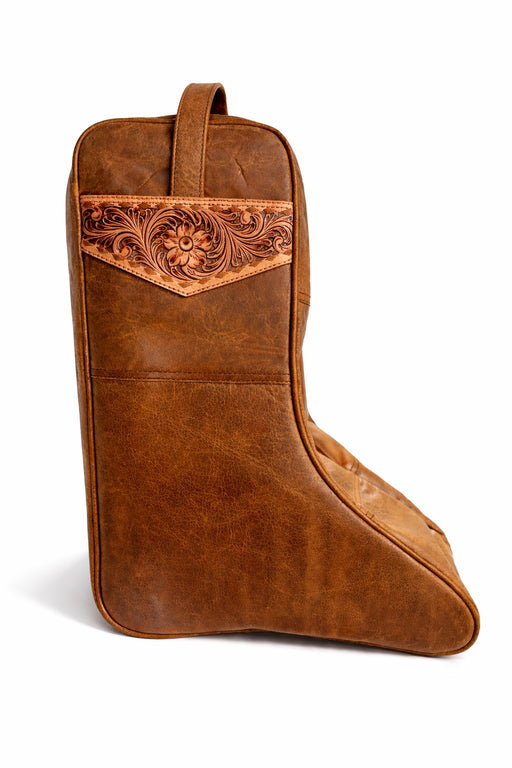 Challenger Western Leather Travel Boot Bag Tooled Floral Tan Saddle Creek Trail 30RS04