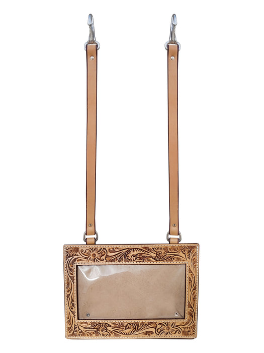 Set of 2 Handmade Floral Tooled Tan Leather Livestock Horse Show Exhibitor Number Holder