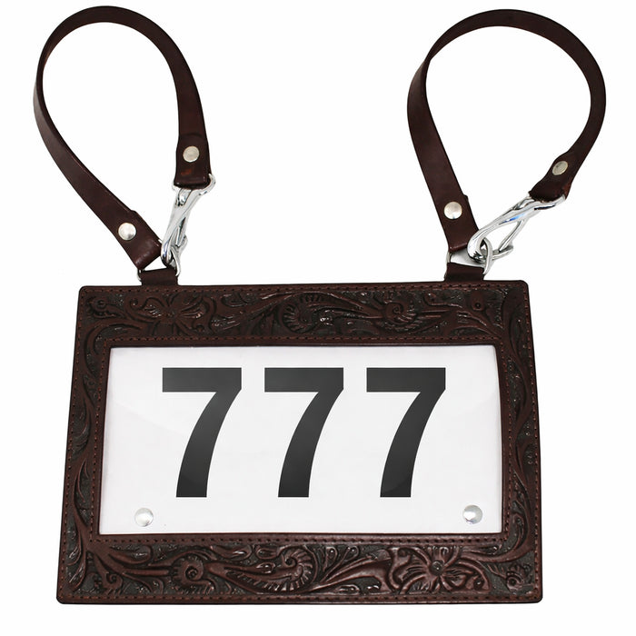 Set of 2 Handmade Floral Tooled Tan Leather Livestock Horse Show Exhibitor Number Holder