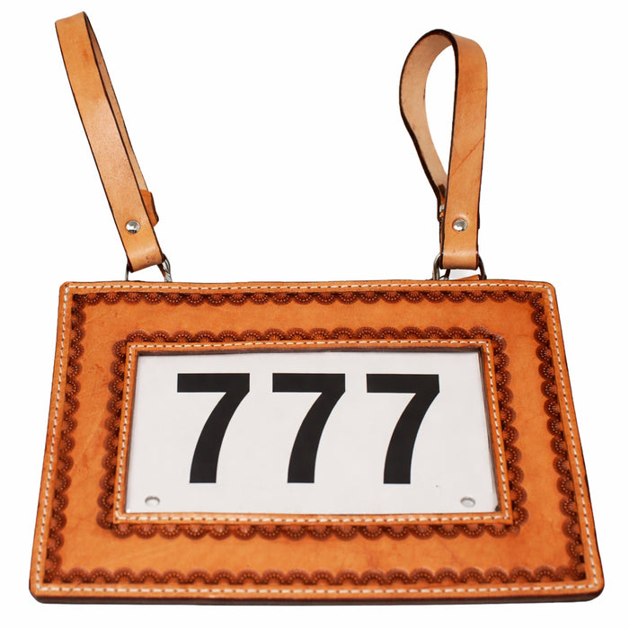 Set of 2 Handmade Floral Tooled Tan Leather Livestock Horse Show Exhibitor Number Holder