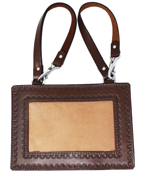 Set of 2 Handmade Floral Tooled Tan Leather Livestock Horse Show Exhibitor Number Holder