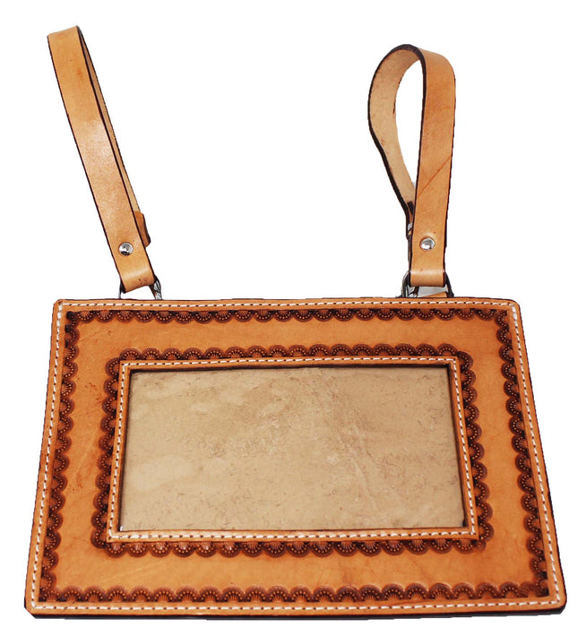 Set of 2 Handmade Floral Tooled Tan Leather Livestock Horse Show Exhibitor Number Holder