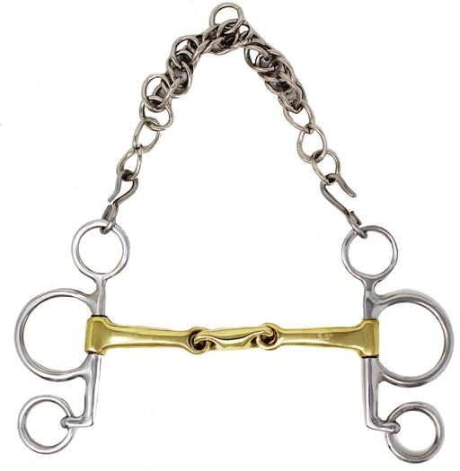 Stainless Steel Pelham 5.  Double Jointed Brass Lozenge Snaffle Bit Curb 35649
