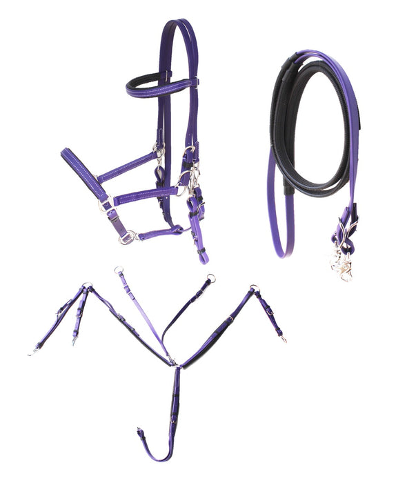 Horse PVC Endurance RACING  3-PCS Set Halter Bridle Breast Collar Reins 40MIB01