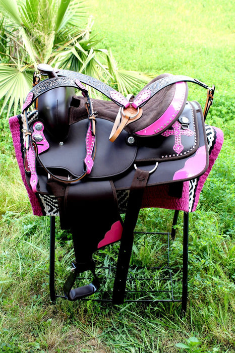 Selle noire: Selle western en cuir bon marché avec siège en daim Selle noire: Selle western en cuir bon marché avec siège en daim