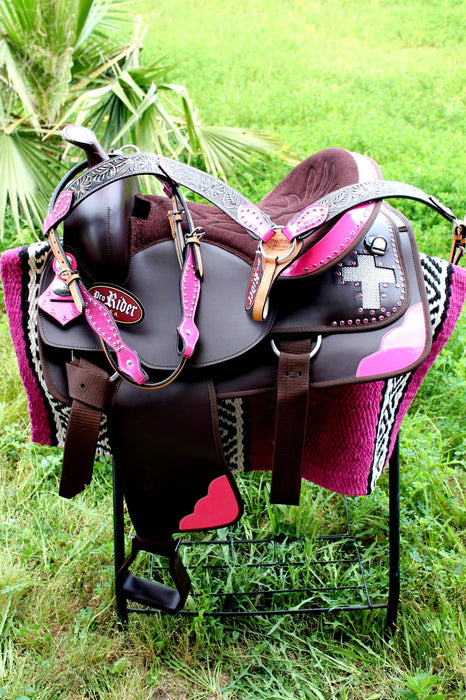 Western Cordura Trail Barrel Pleasure Horse SADDLE Bridle Tack Pink 4983