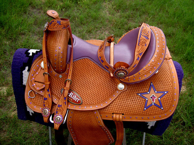 15" Horse Western Barrel Show Pleasure LEATHER SADDLE Bridle Purple 50220