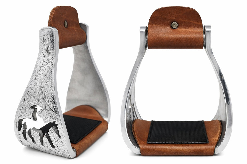 Challenger Horse Saddle Western Aluminium Bell Engraved Cut-Out Stirrups 51146